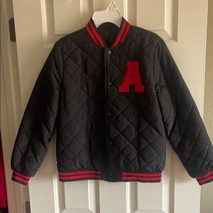 Kids Black Quilted Letter A Jacket with Red Accents